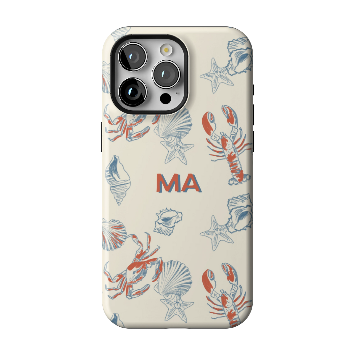 Mariner Personalized case on iPhone 15 Pro Max, back view: red lobsters, blue crabs and seashells on cream with the initials MA
