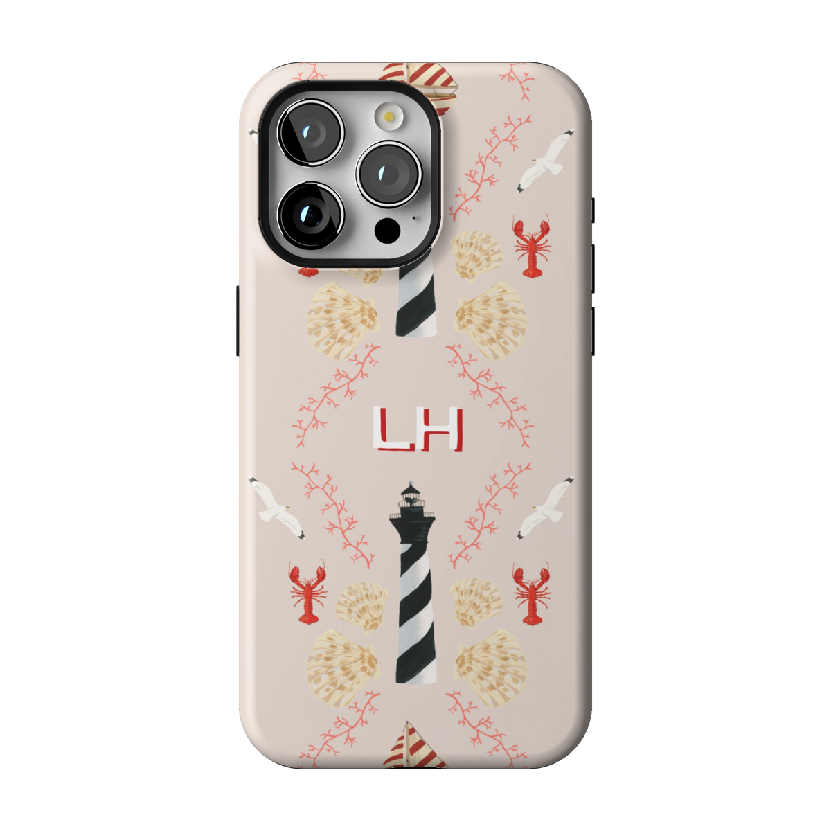 Lighthouse Personalized case on iPhone 15 Pro Max, back view: striped lighthouses, lobsters and seashells on blush with the initials LH