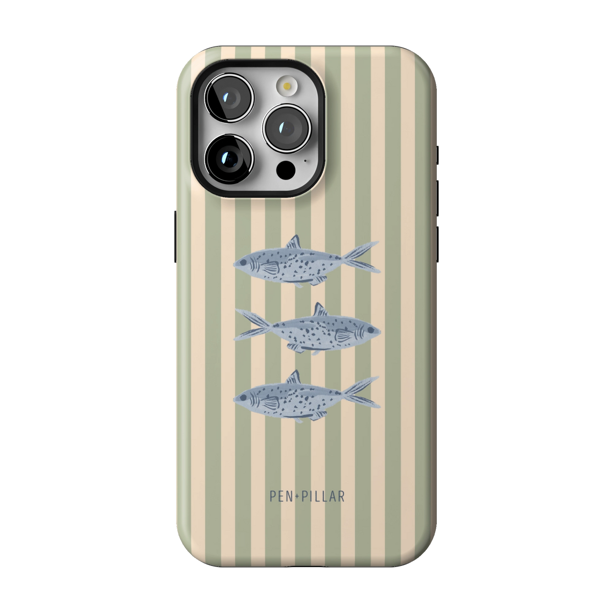 Sea Stripes case on iPhone 15 Pro Max, back view: blue fish on sage and cream stripes