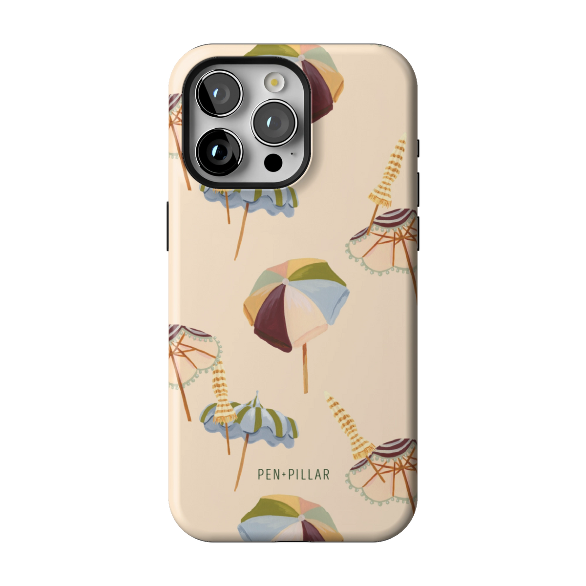 Umbrellas case on iPhone 15 Pro Max, back view: striped beach umbrellas and loungers on warm sand