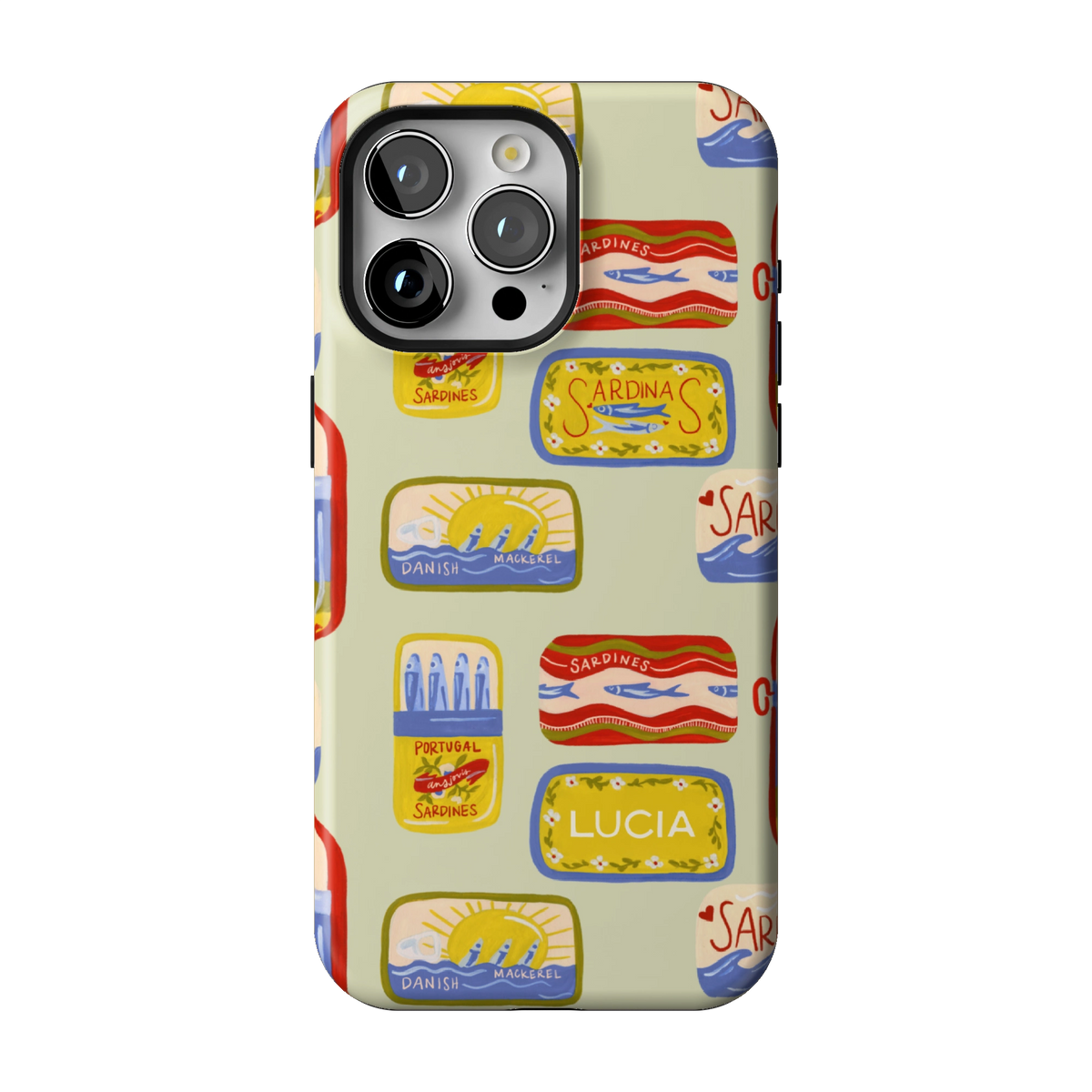 Sardines Personalized case on iPhone 15 Pro Max, back view: vintage sardine tins on pale sage with the name Lucia