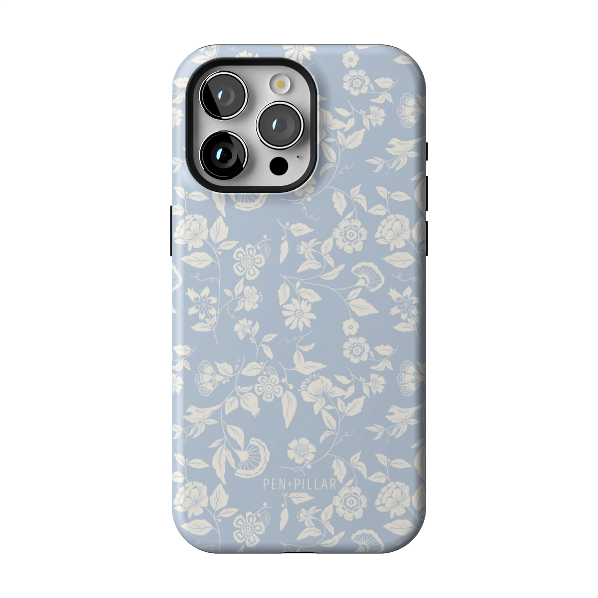 Spritz case on iPhone 15 Pro Max, back view: white florals on soft blue