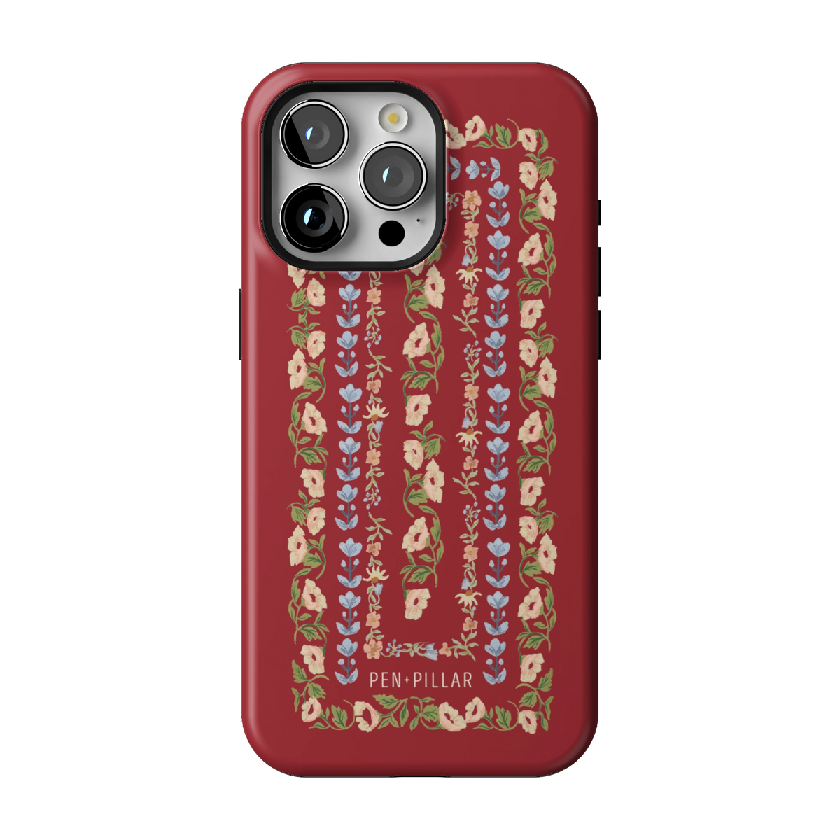 Fiona case on iPhone 15 Pro Max, back view: ornate floral stripes in cream, blush and blue on rich red