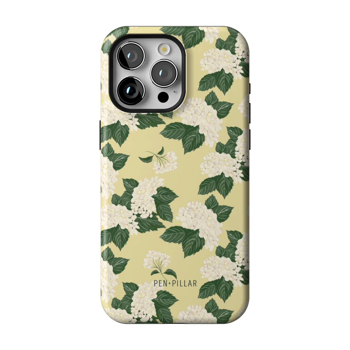 Hydrangea case on iPhone 15 Pro Max, back view: white hydrangeas and green leaves on buttery yellow