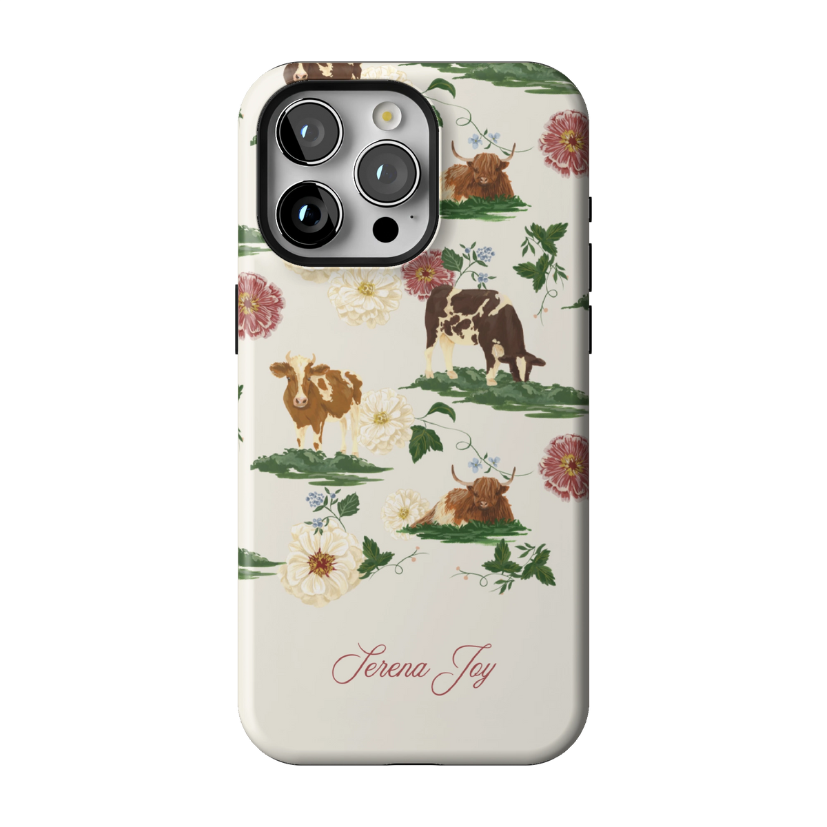 Pasture Personalized case on iPhone 15 Pro Max, back view: cows and dahlias in a countryside scene on cream with a name in script