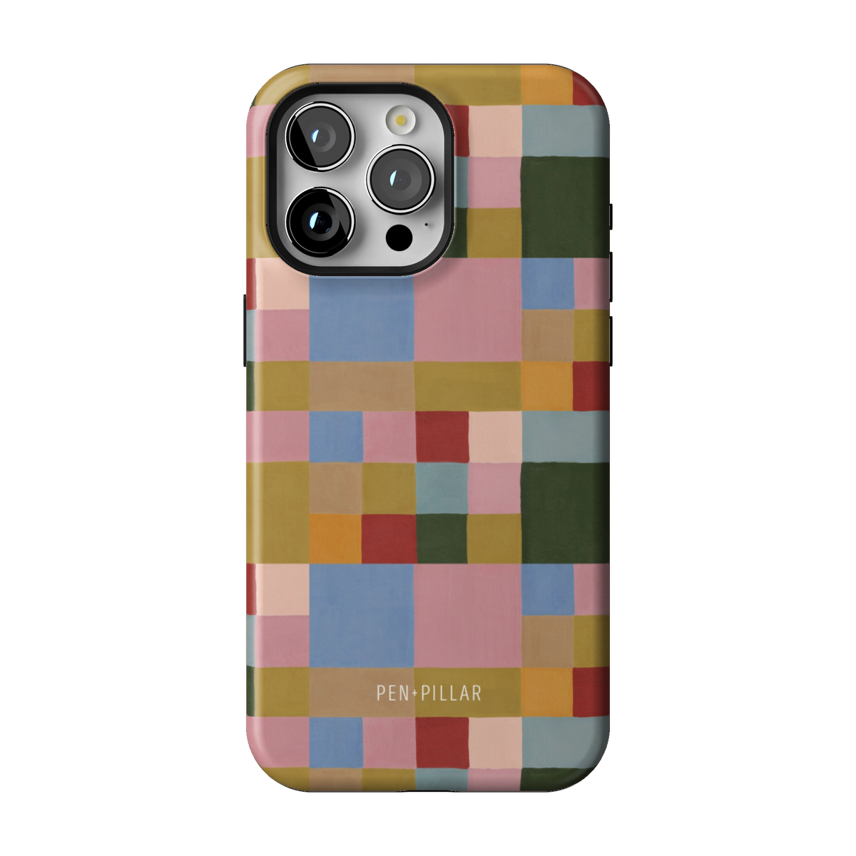 Colorblock case on iPhone 15 Pro Max, back view: painterly squares in blush, sky blue, mustard, rust and forest green