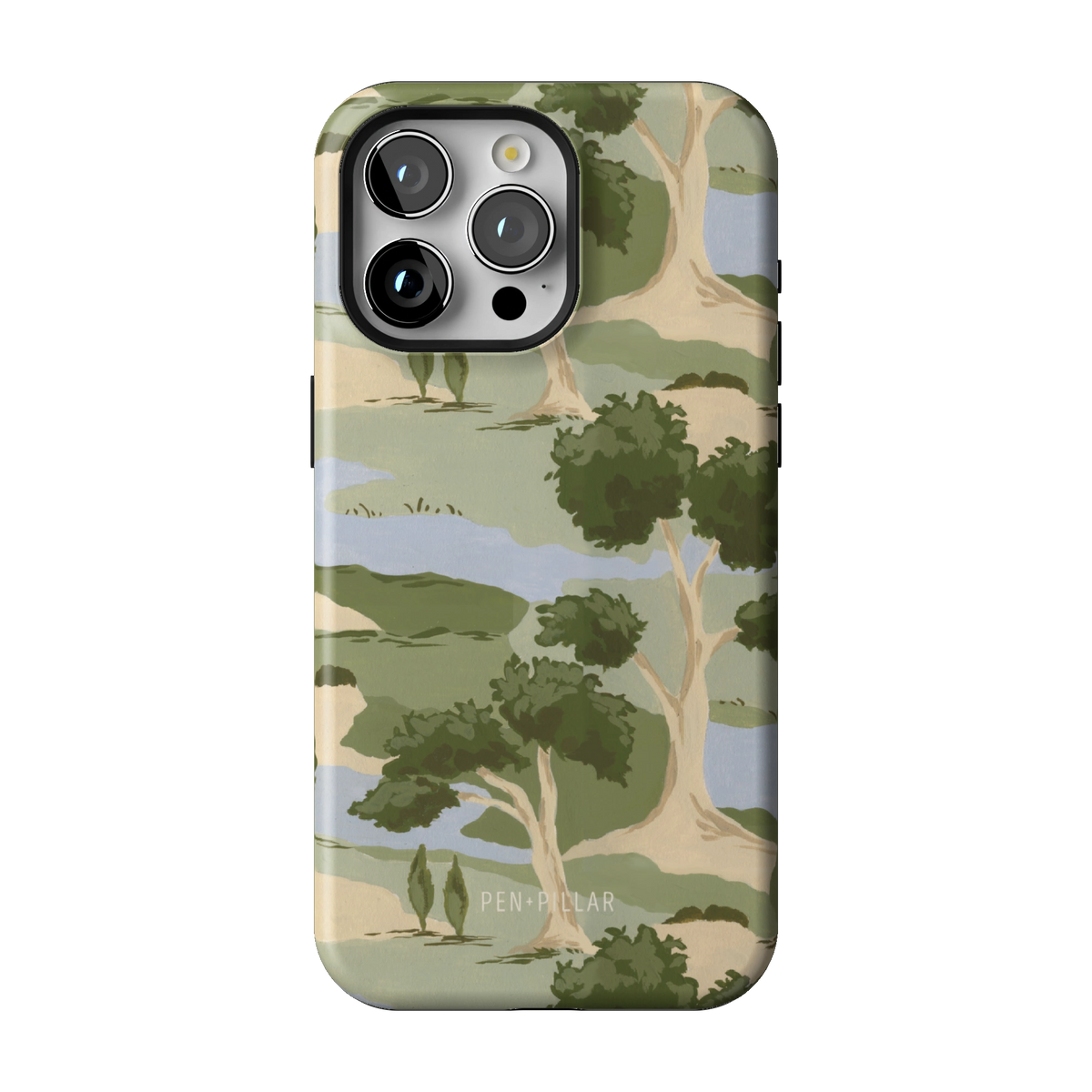 Orchard case on iPhone 15 Pro Max, back view: rolling green trees and winding blue streams on cream