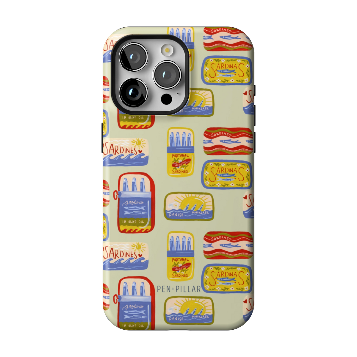Sardines case on iPhone 15 Pro Max, back view: vintage sardine tins on pale sage