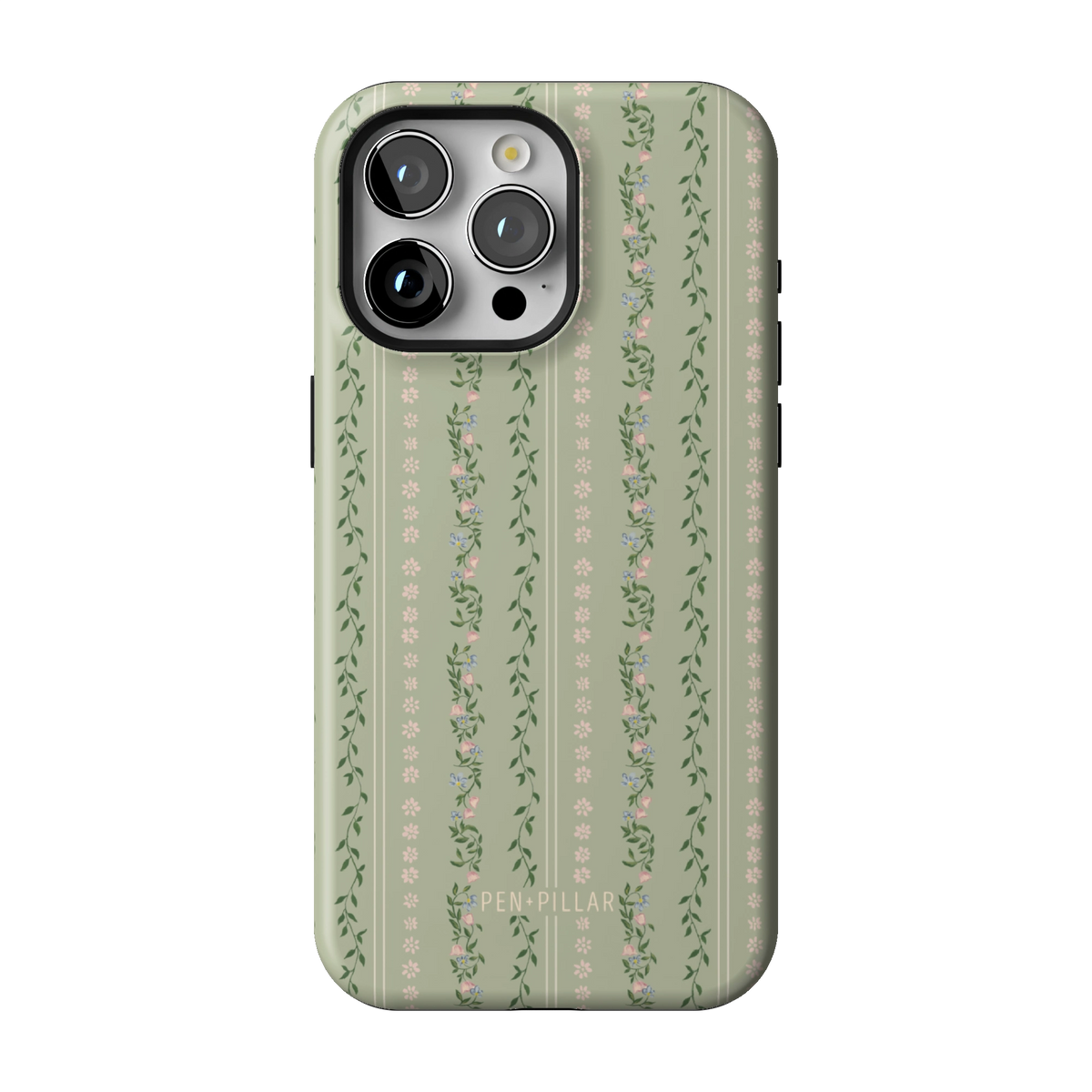 Camellia case on iPhone 15 Pro Max, back view: sage green with soft floral stripes