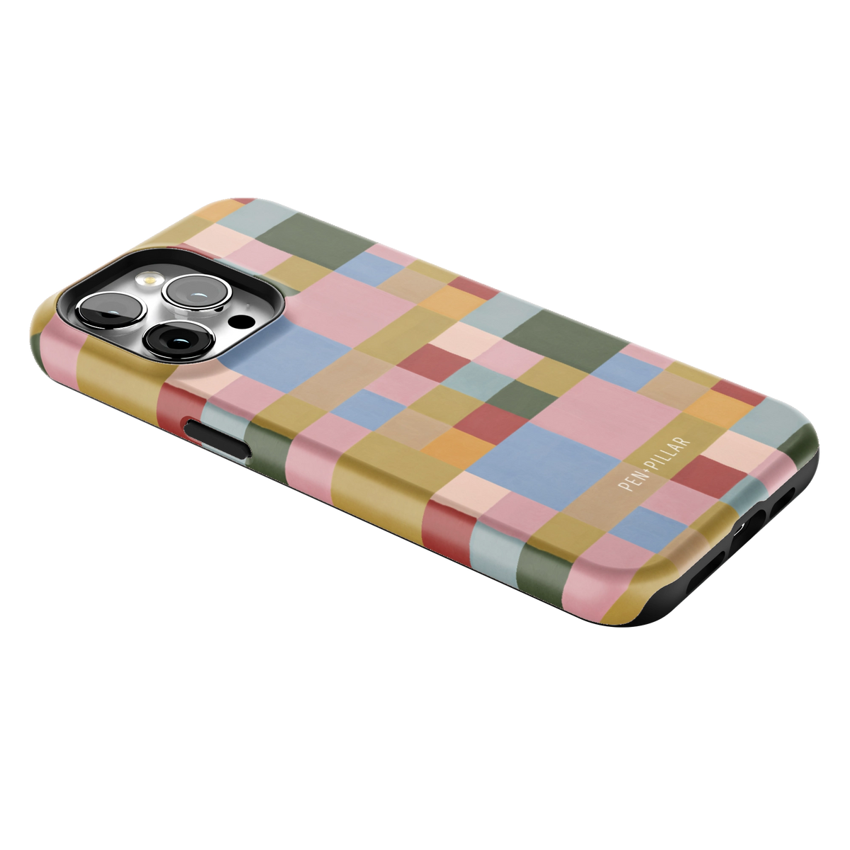 Colorblock iPhone 15 Pro Max case lying at an angle, showing the side buttons and print wrapping the edges