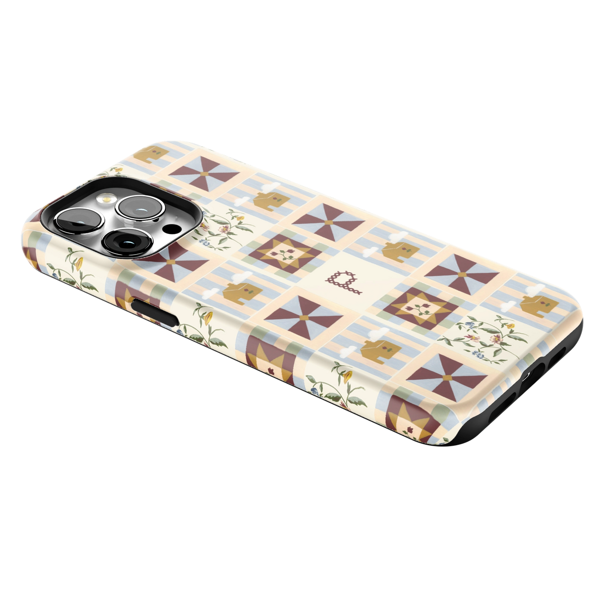 Pinwheel Personalized iPhone 15 Pro Max case lying at an angle, showing the side buttons and print wrapping the edges