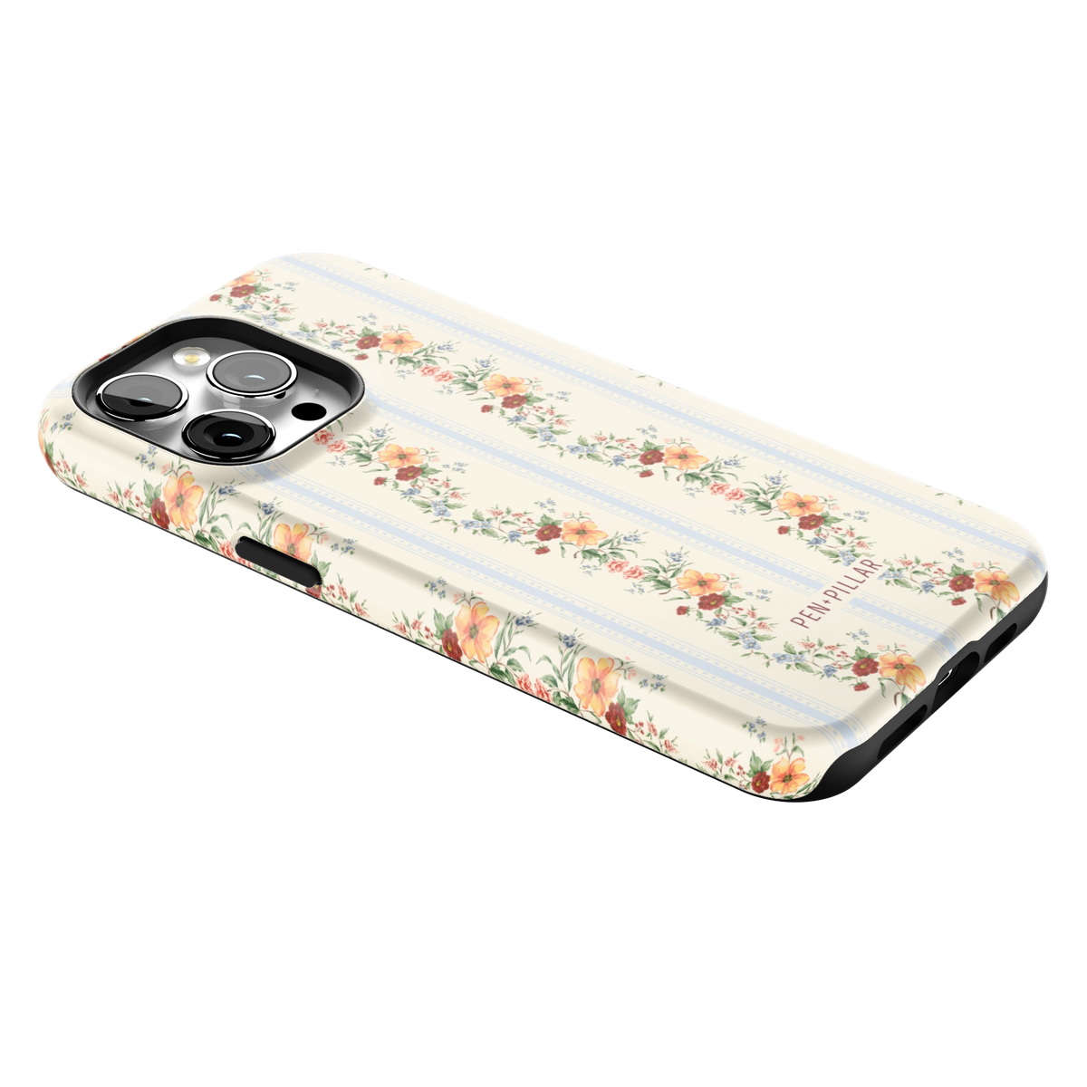 Wallflower iPhone 15 Pro Max case lying at an angle, showing the side buttons and print wrapping the edges