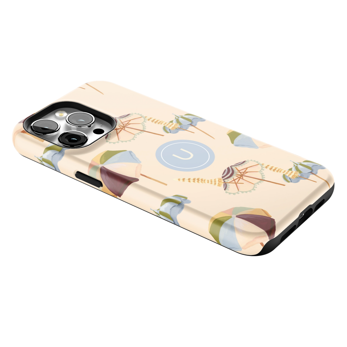 Umbrellas Personalized iPhone 15 Pro Max case lying at an angle, showing the side buttons and print wrapping the edges