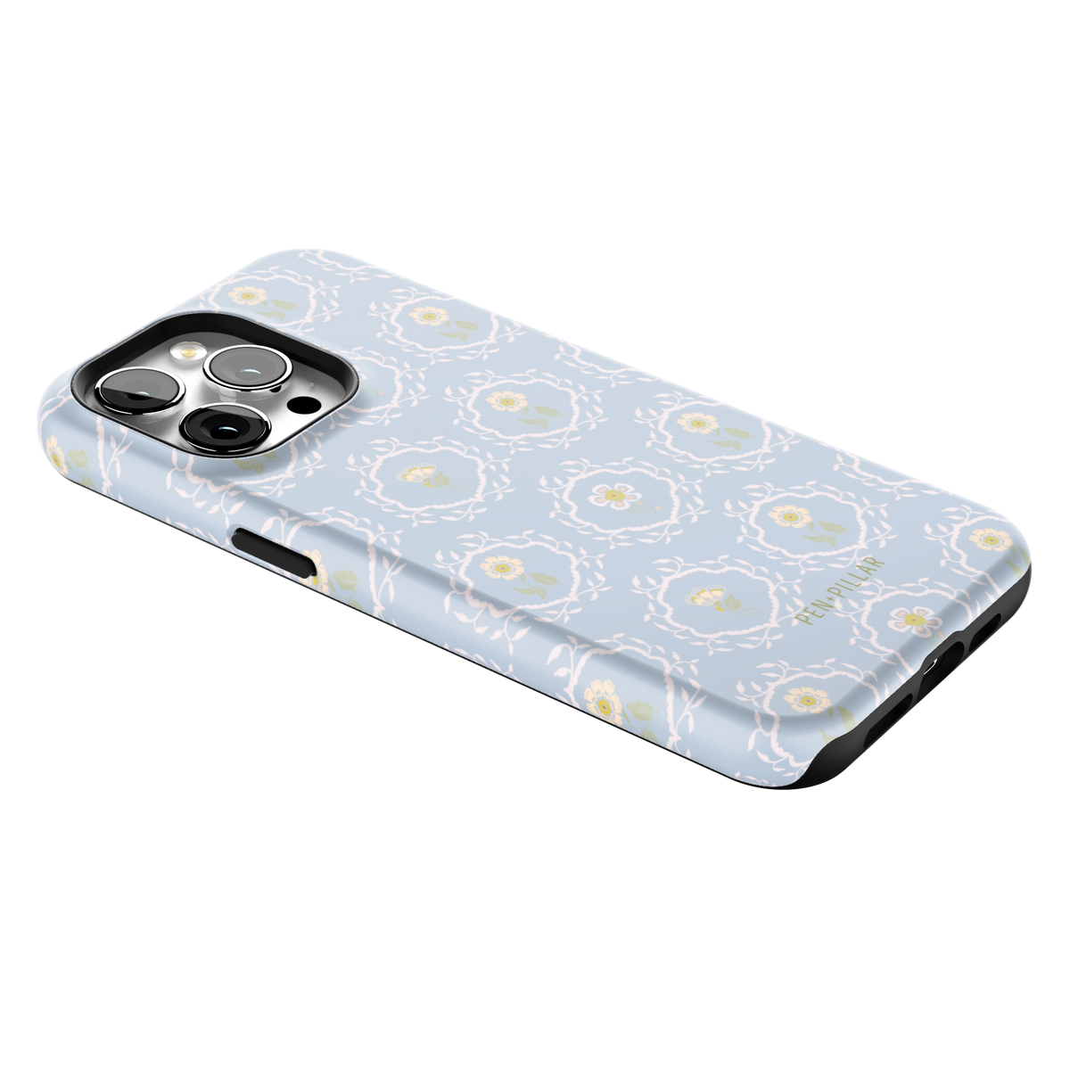 Merrigold iPhone 15 Pro Max case lying at an angle, showing the side buttons and print wrapping the edges