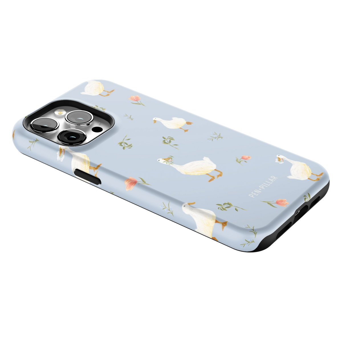 Ducks iPhone 15 Pro Max case lying at an angle, showing the side buttons and print wrapping the edges