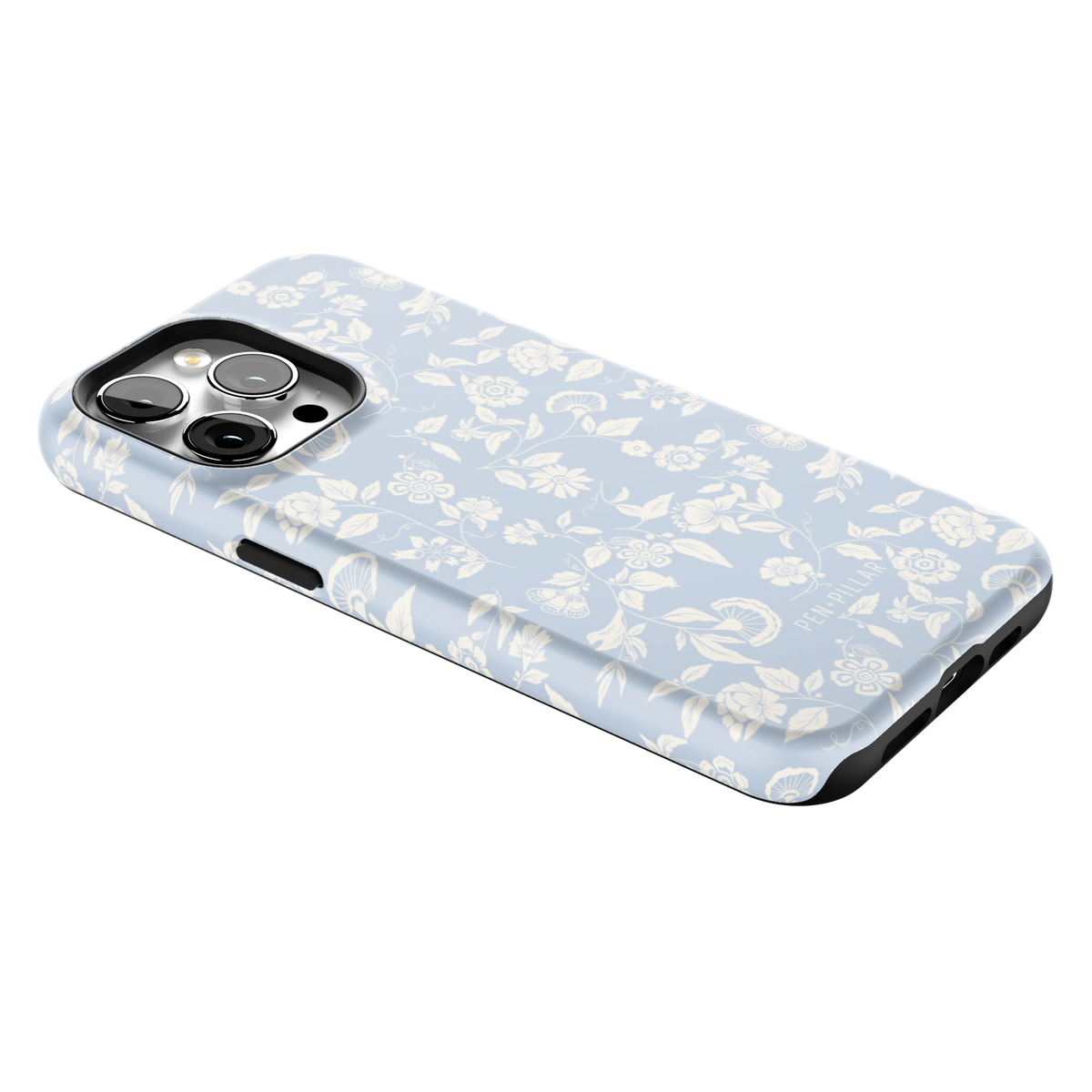 Spritz iPhone 15 Pro Max case lying at an angle, showing the side buttons and print wrapping the edges