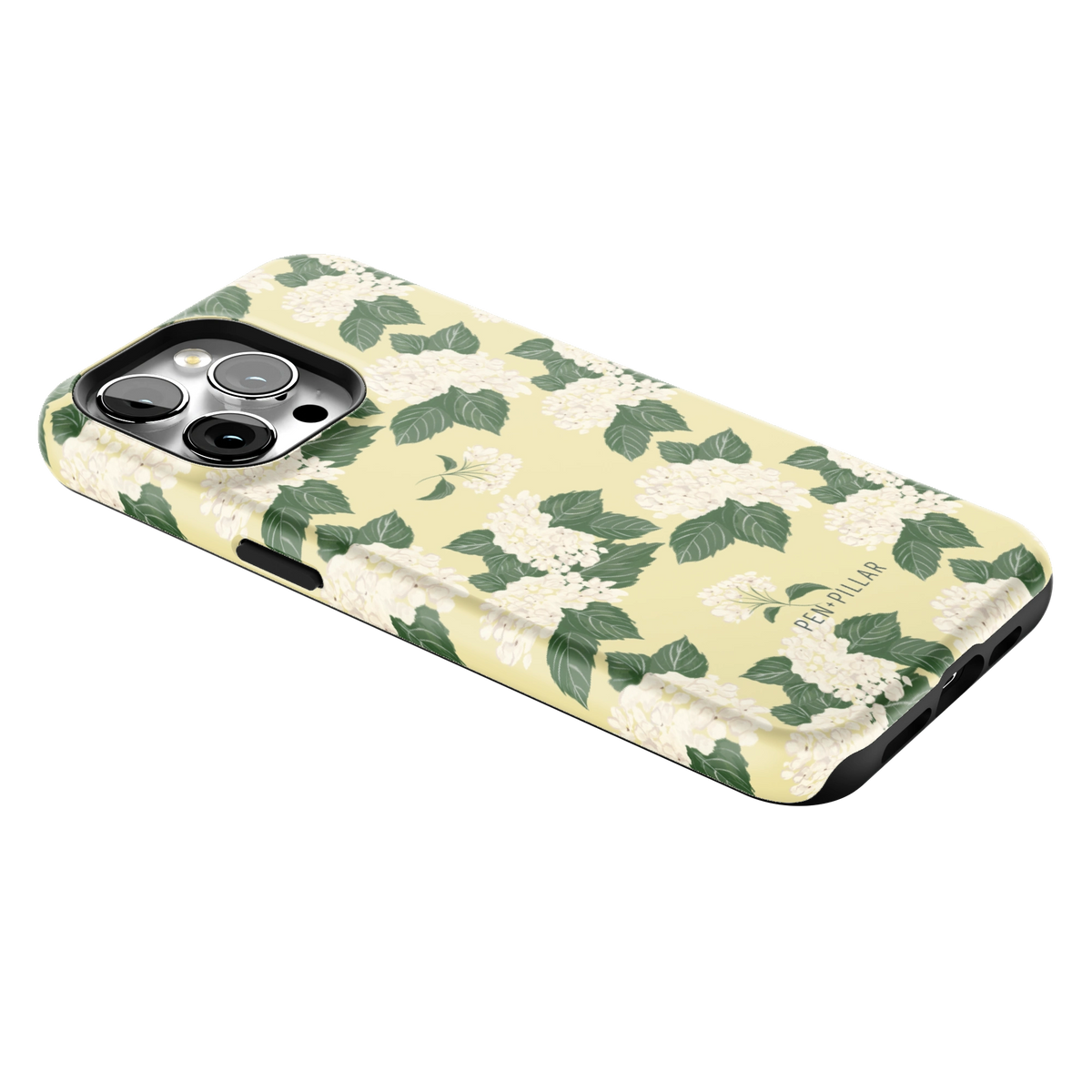 Hydrangea iPhone 15 Pro Max case lying at an angle, showing the side buttons and print wrapping the edges