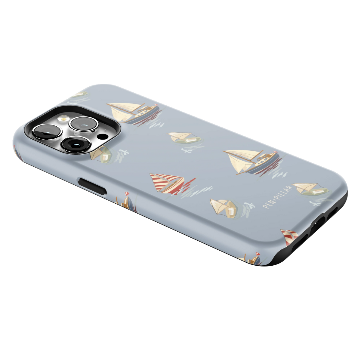 Harbor iPhone 15 Pro Max case lying at an angle, showing the side buttons and print wrapping the edges