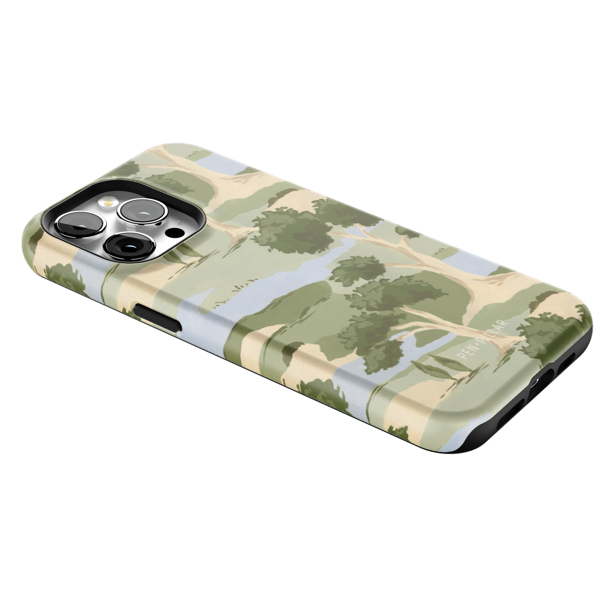 Orchard iPhone 15 Pro Max case lying at an angle, showing the side buttons and print wrapping the edges