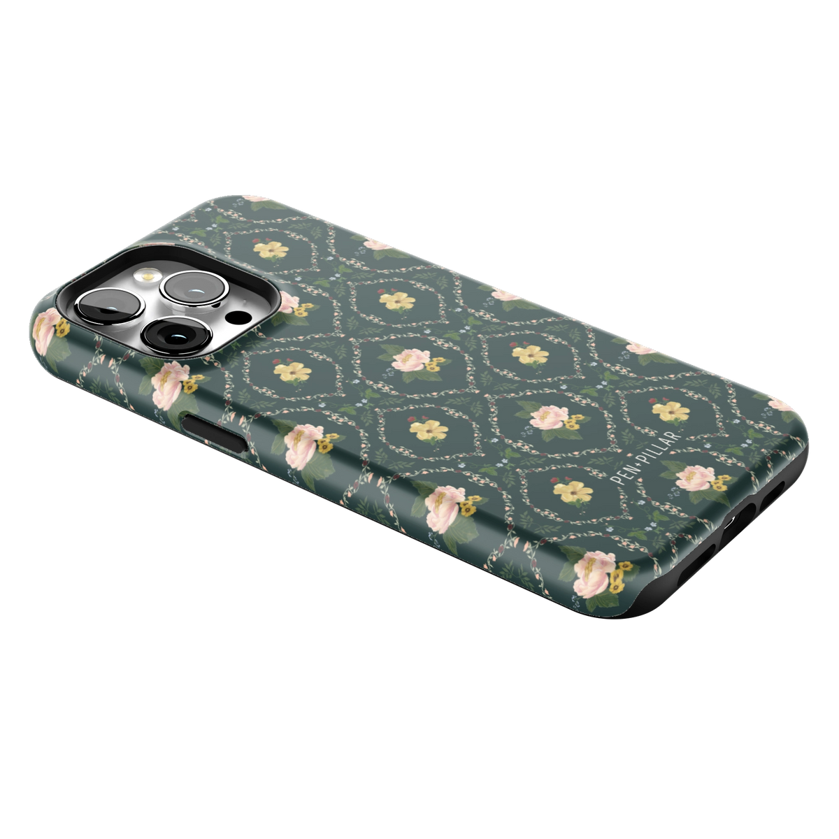 Meadow iPhone 15 Pro Max case lying at an angle, showing the side buttons and print wrapping the edges