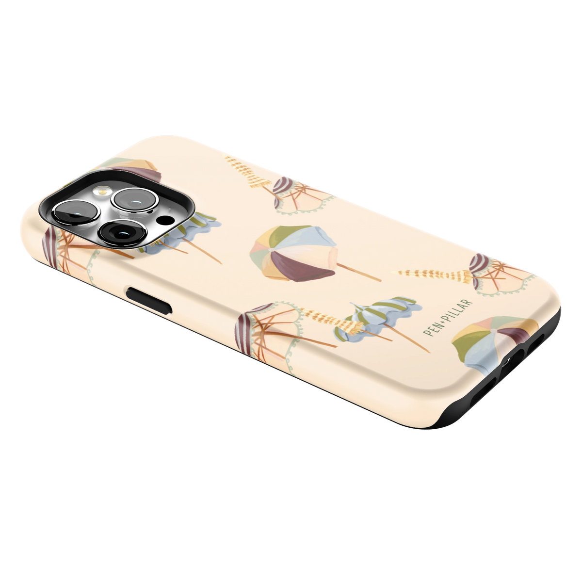 Umbrellas iPhone 15 Pro Max case lying at an angle, showing the side buttons and print wrapping the edges
