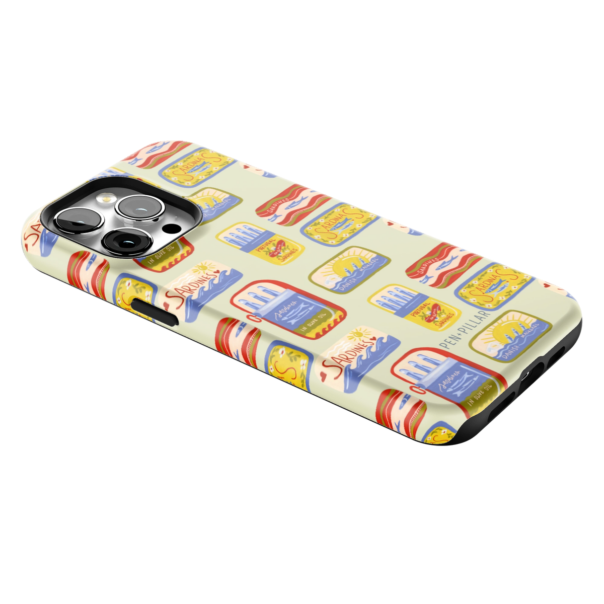 Sardines iPhone 15 Pro Max case lying at an angle, showing the side buttons and print wrapping the edges