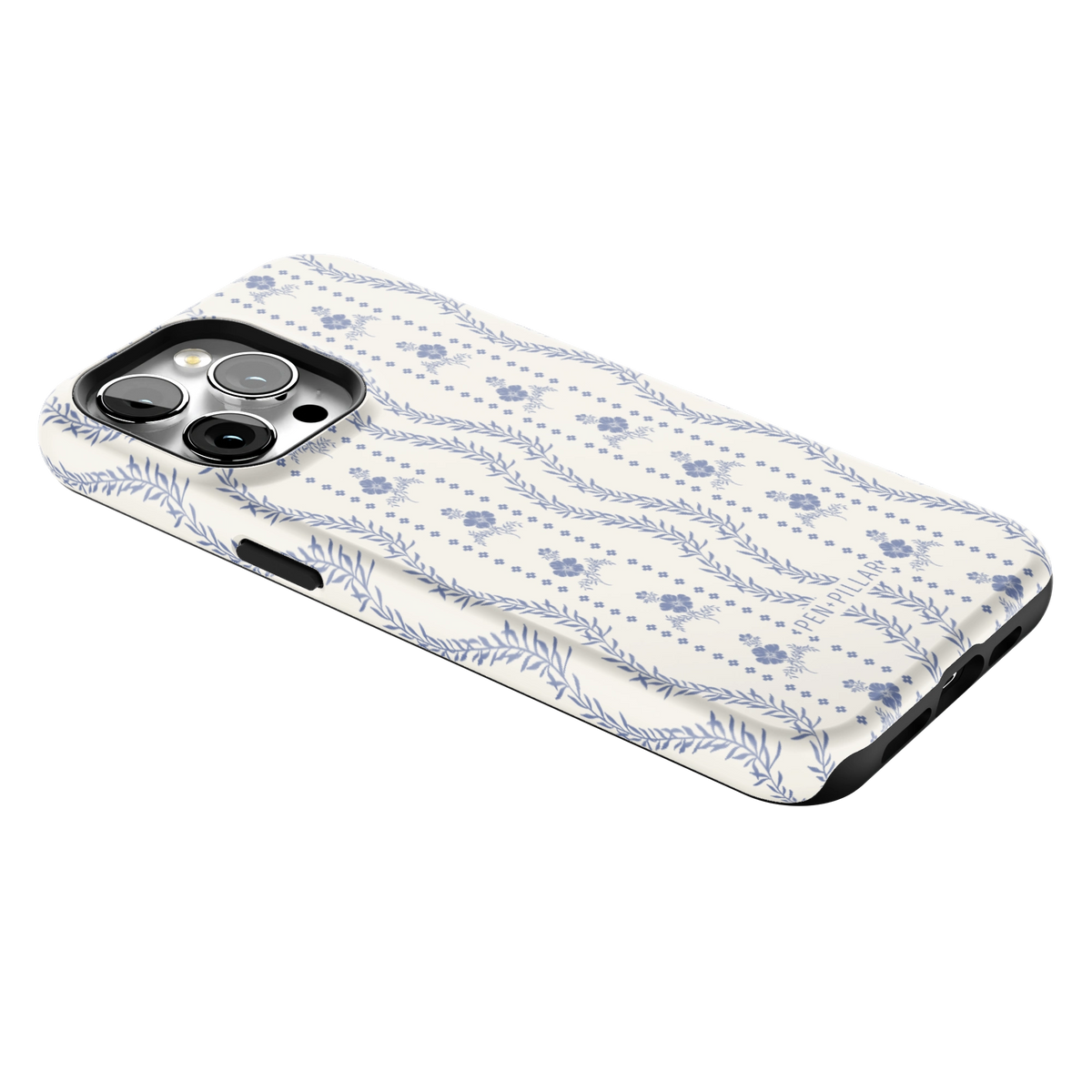Riviera iPhone 15 Pro Max case lying at an angle, showing the side buttons and print wrapping the edges