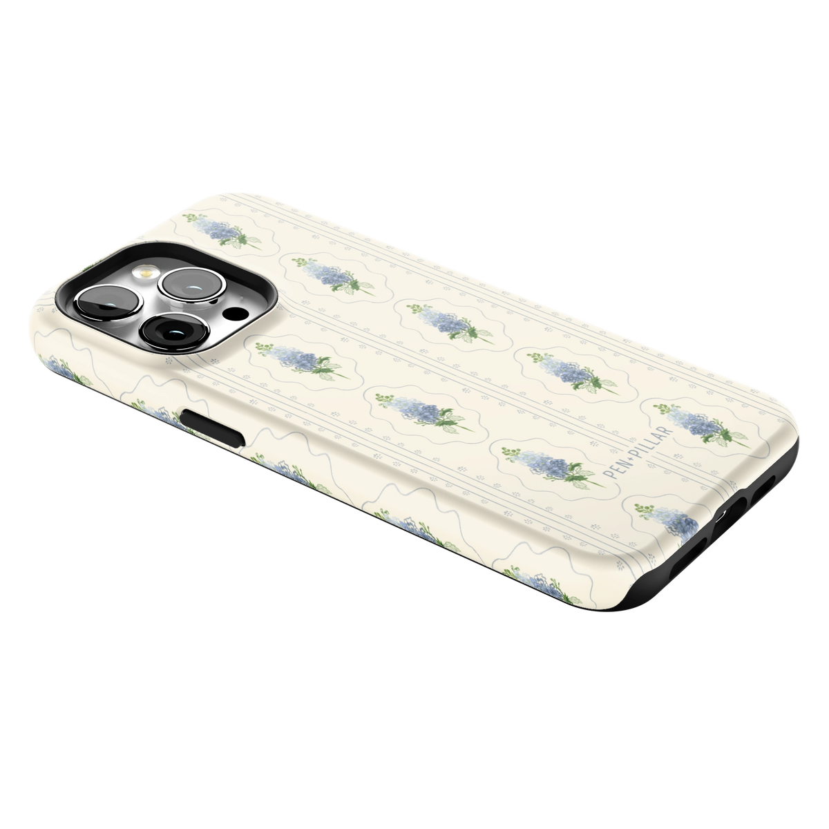 July Birth Month iPhone 15 Pro Max case lying at an angle, showing the side buttons and print wrapping the edges