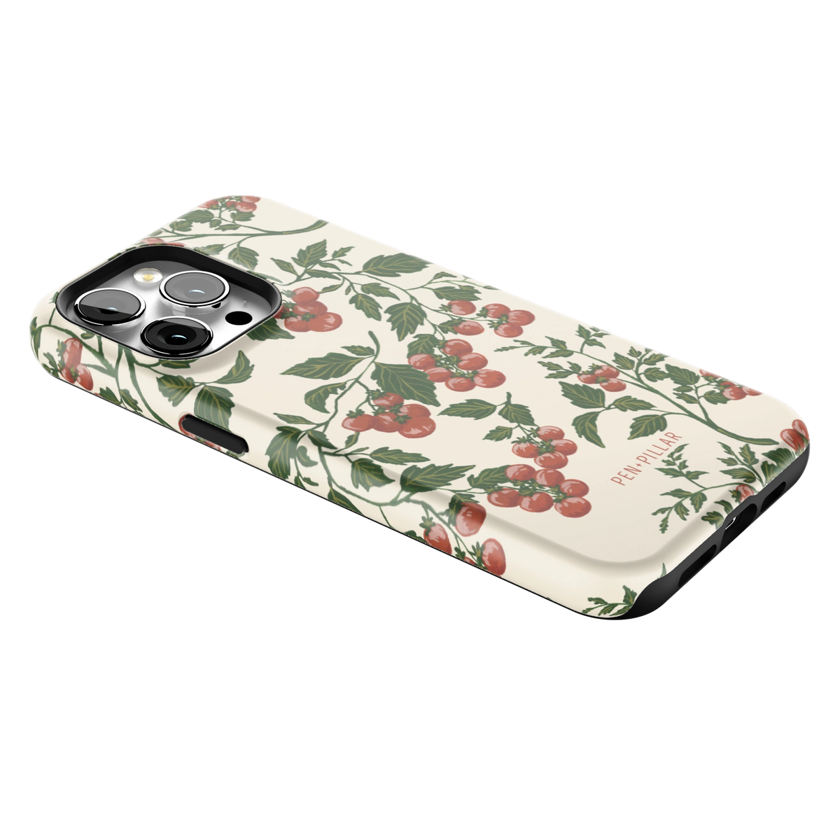 Tomato Vines iPhone 15 Pro Max case lying at an angle, showing the side buttons and print wrapping the edges