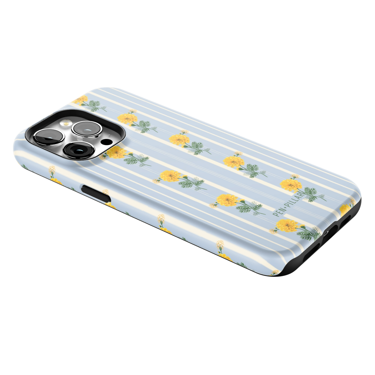 October Birth Month iPhone 15 Pro Max case lying at an angle, showing the side buttons and print wrapping the edges