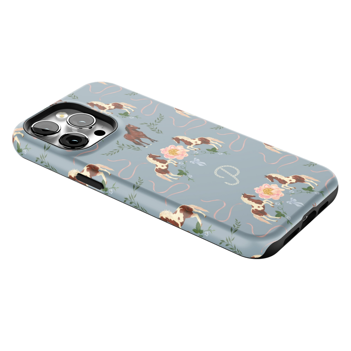 Prairie Personalized iPhone 15 Pro Max case lying at an angle, showing the side buttons and print wrapping the edges