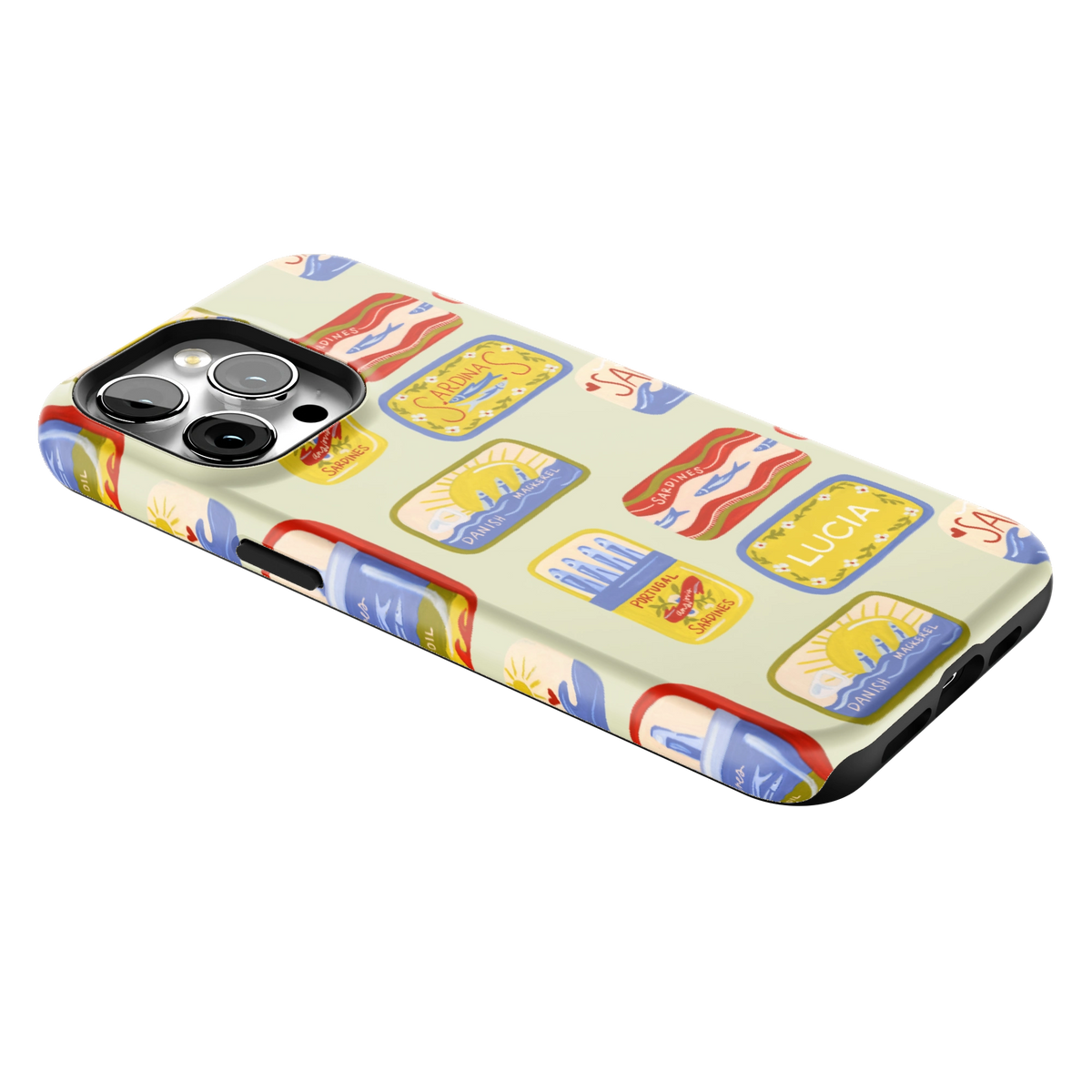 Sardines Personalized iPhone 15 Pro Max case lying at an angle, showing the side buttons and print wrapping the edges