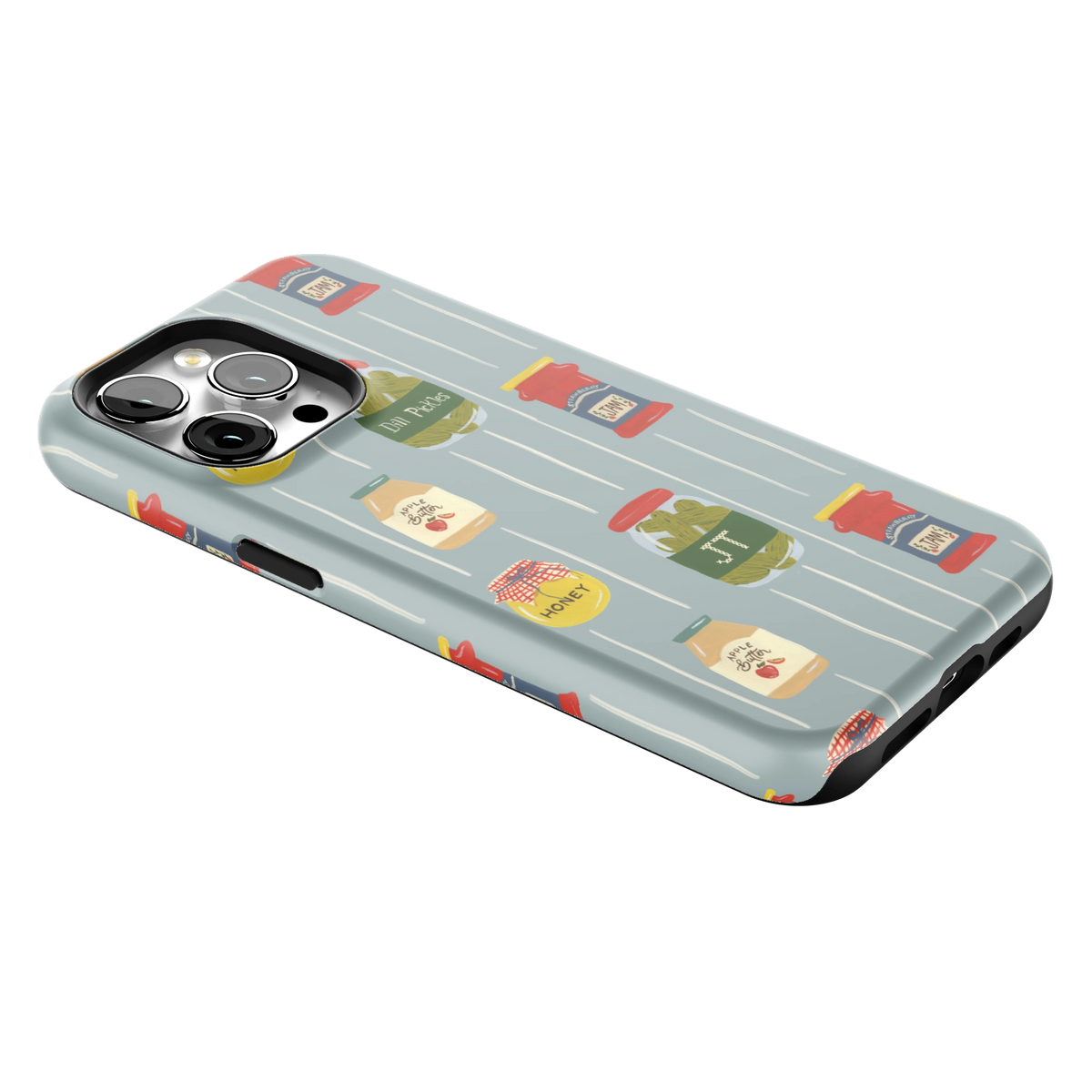 Preserves Personalized iPhone 15 Pro Max case lying at an angle, showing the side buttons and print wrapping the edges