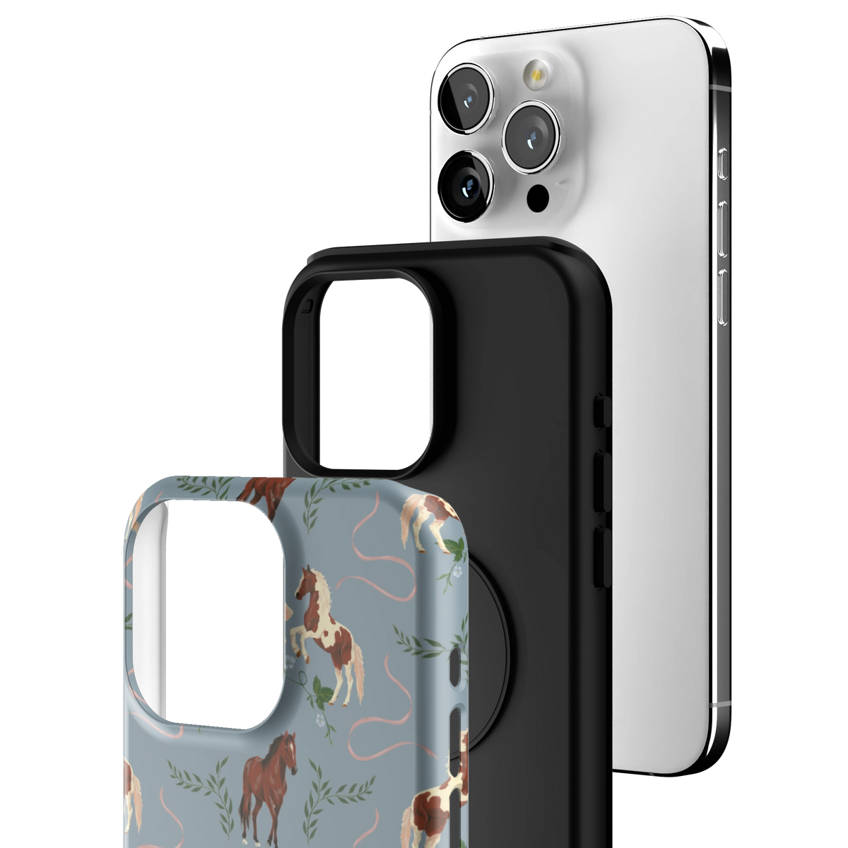 Exploded view of the Prairie Personalized iPhone 15 Pro Max case: printed shell, black inner layer with MagSafe ring, and phone