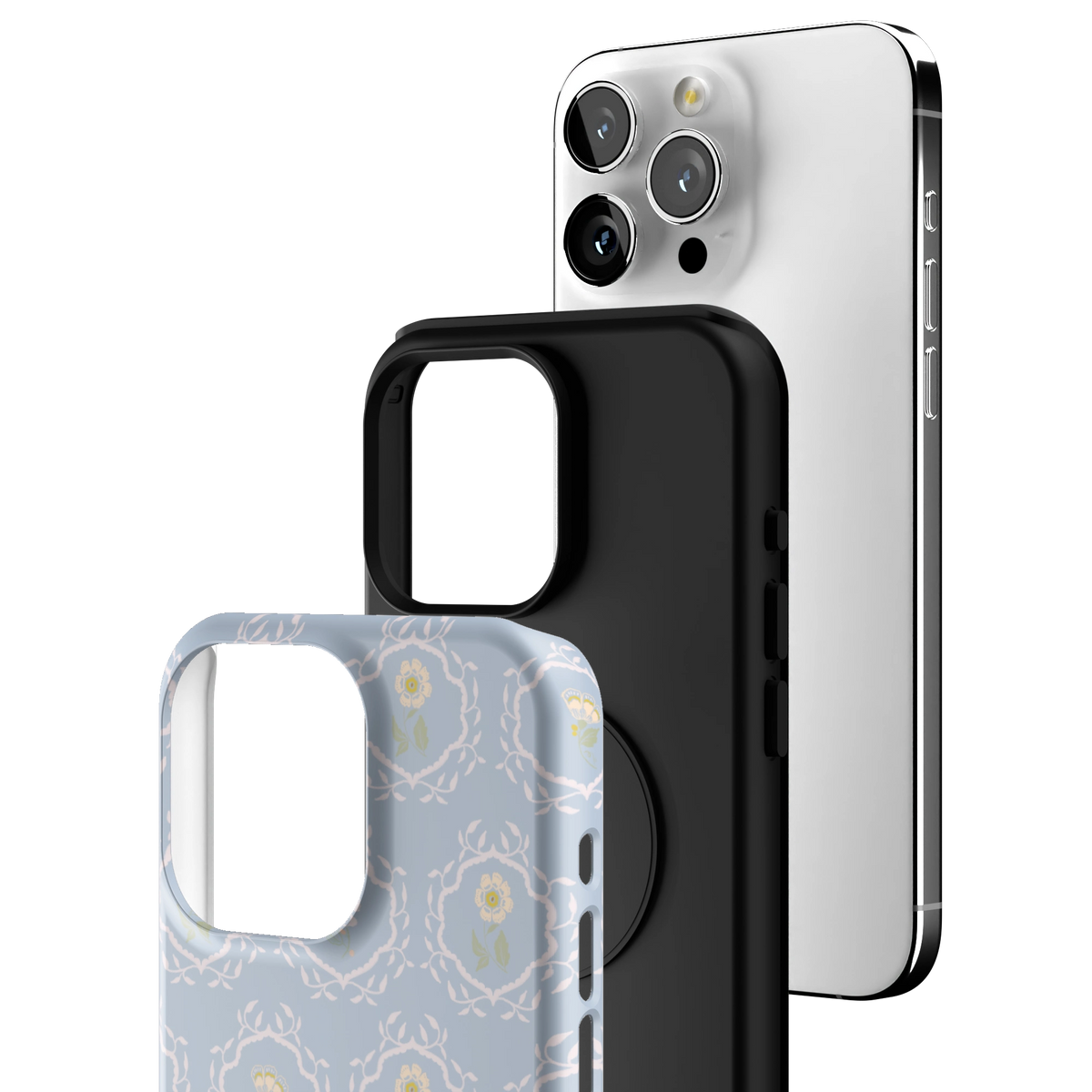 Exploded view of the Merrigold iPhone 15 Pro Max case: printed shell, black inner layer with MagSafe ring, and phone