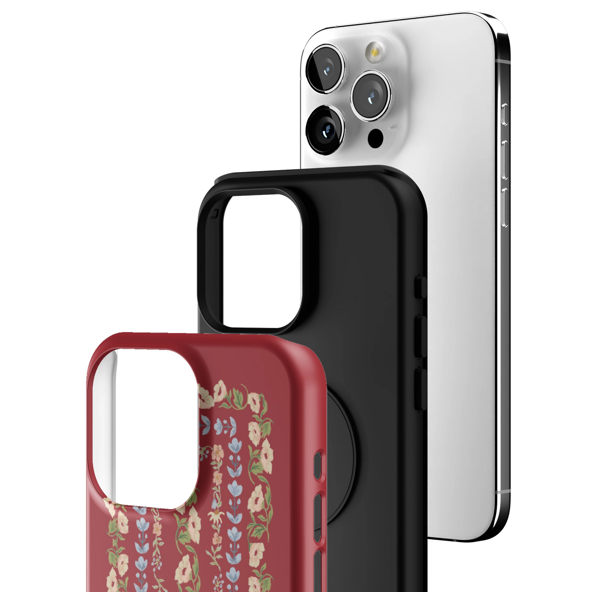 Exploded view of the Fiona iPhone 15 Pro Max case: printed shell, black inner layer with MagSafe ring, and phone