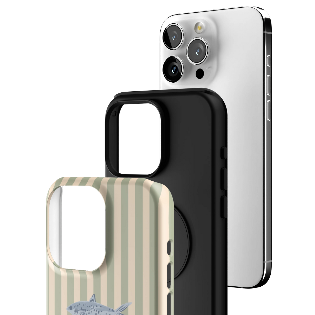 Exploded view of the Sea Stripes iPhone 15 Pro Max case: printed shell, black inner layer with MagSafe ring, and phone