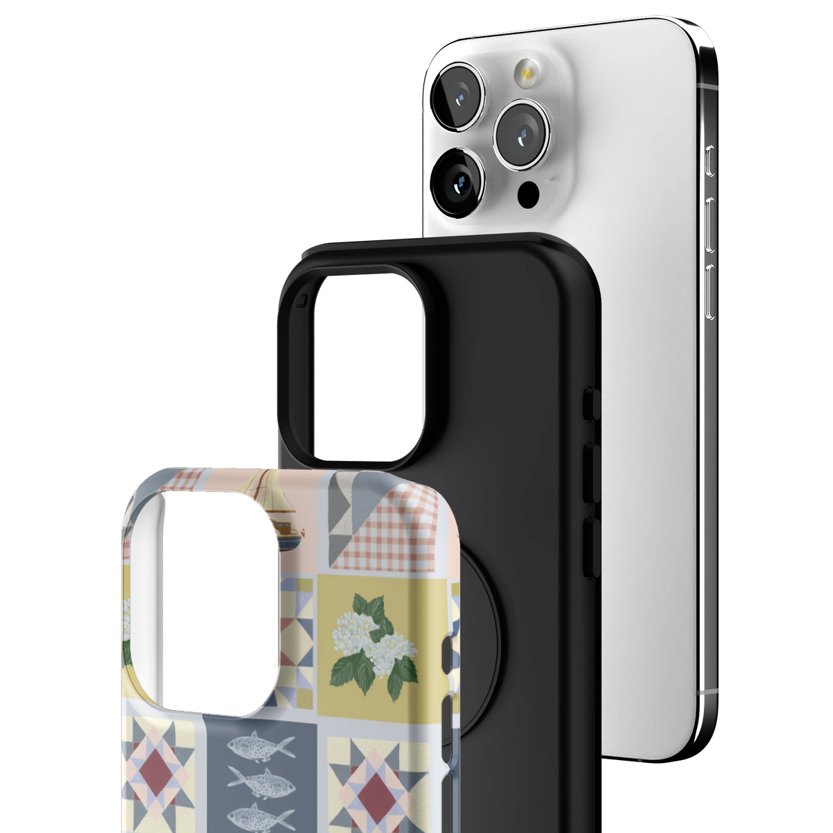 Exploded view of the Coastal Quilt iPhone 15 Pro Max case: printed shell, black inner layer with MagSafe ring, and phone