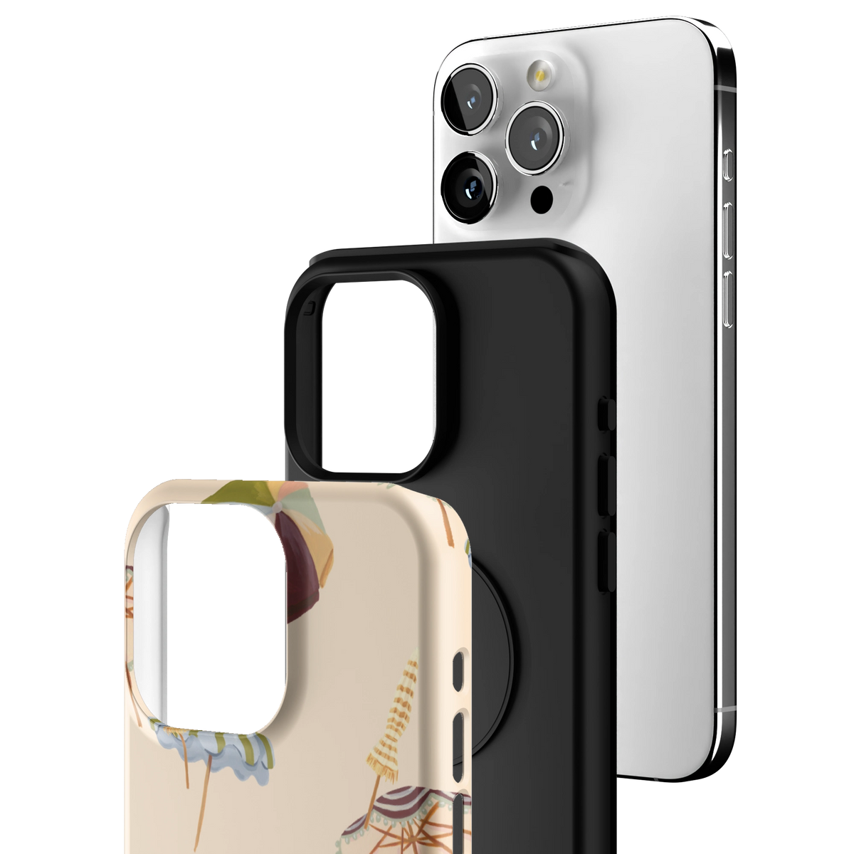 Exploded view of the Umbrellas iPhone 15 Pro Max case: printed shell, black inner layer with MagSafe ring, and phone