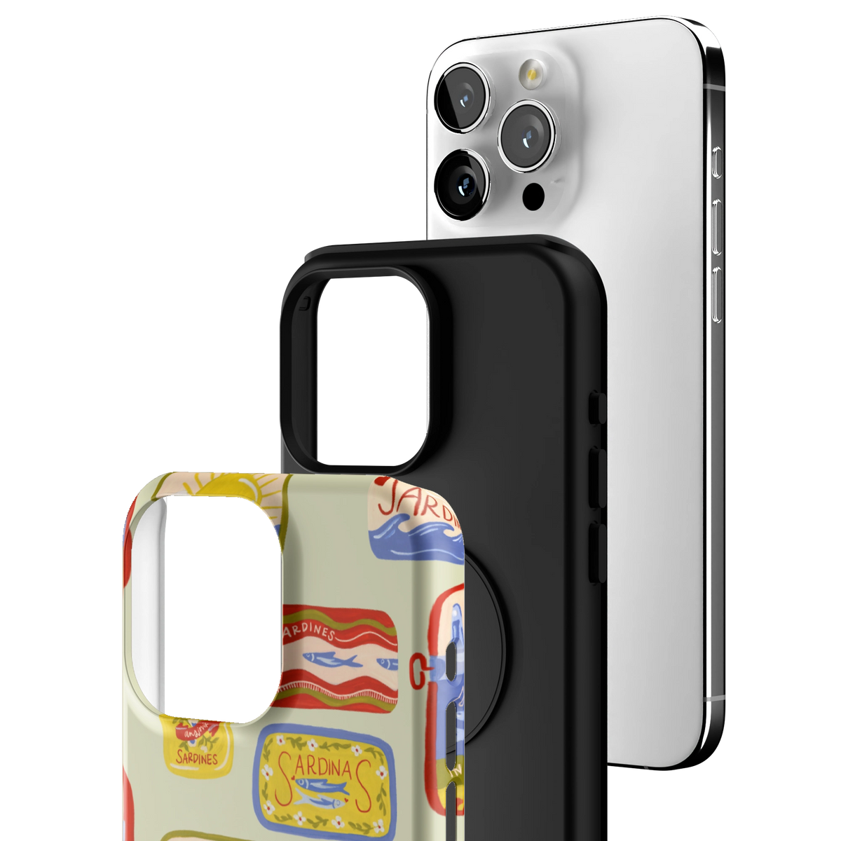 Exploded view of the Sardines Personalized iPhone 15 Pro Max case: printed shell, black inner layer with MagSafe ring, and phone