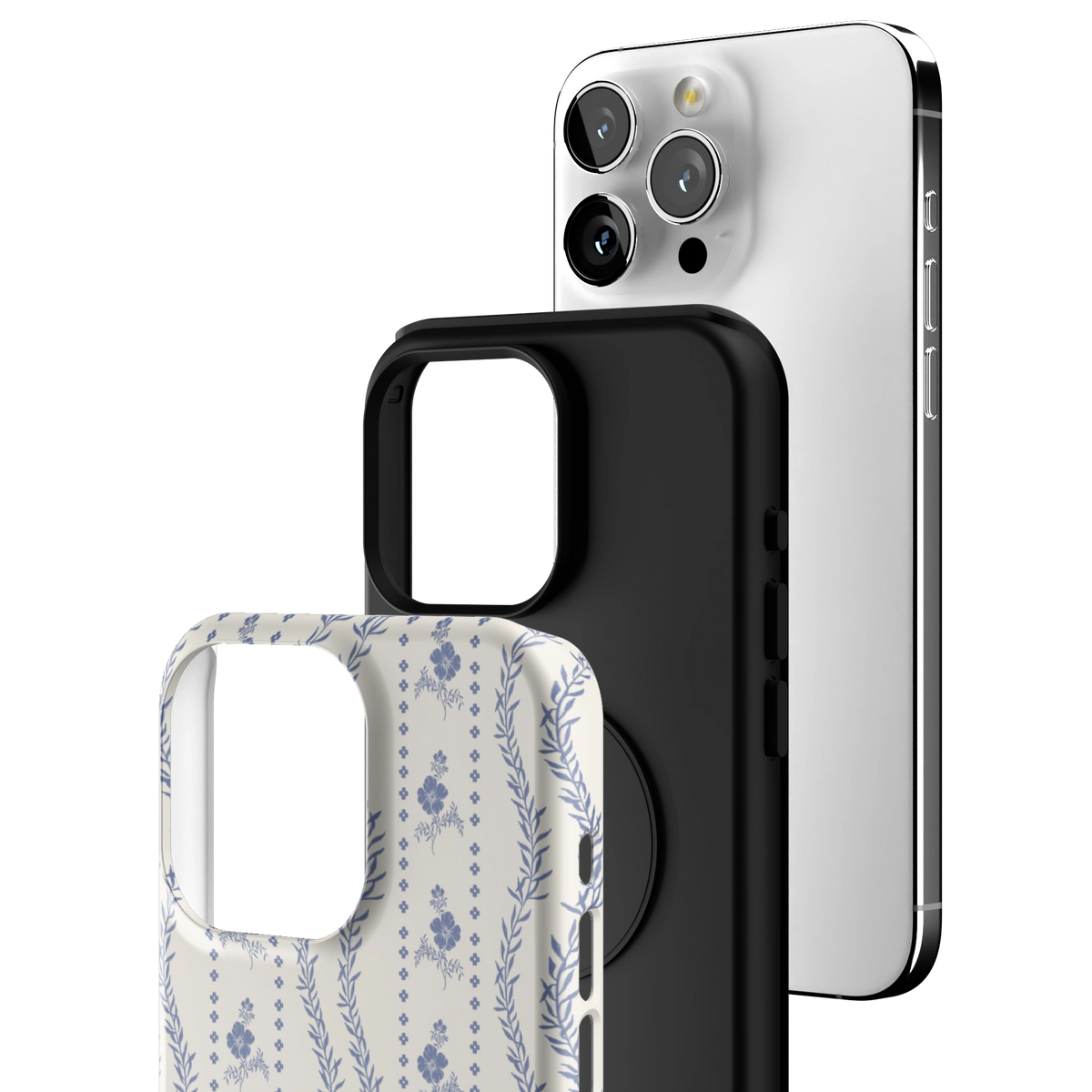 Exploded view of the Riviera iPhone 15 Pro Max case: printed shell, black inner layer with MagSafe ring, and phone