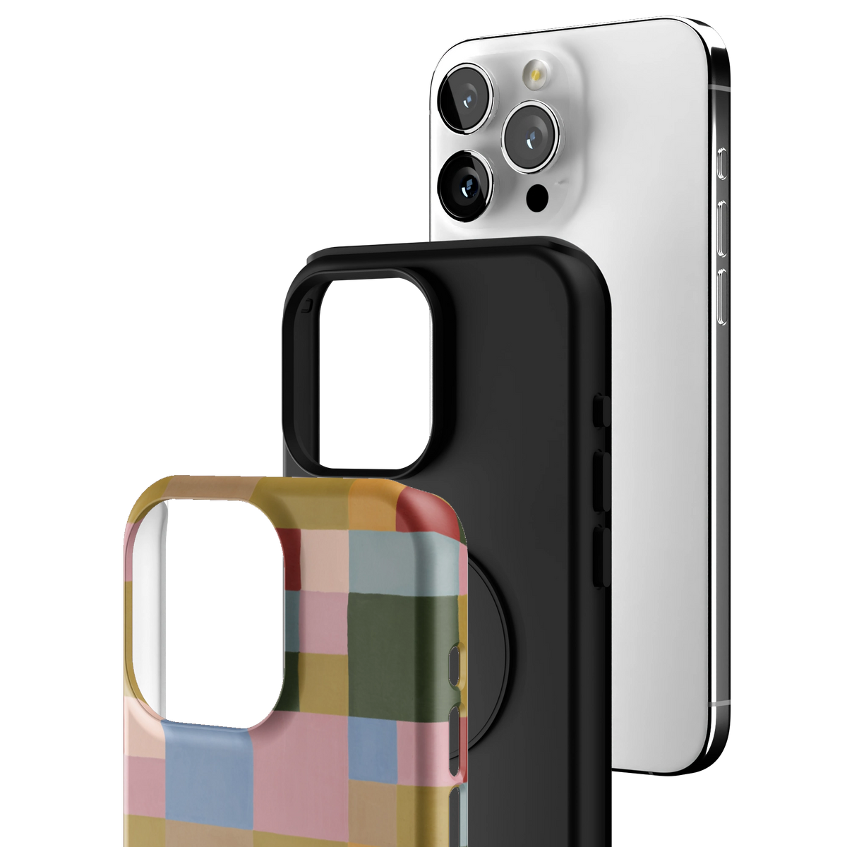 Exploded view of the Colorblock iPhone 15 Pro Max case: printed shell, black inner layer with MagSafe ring, and phone