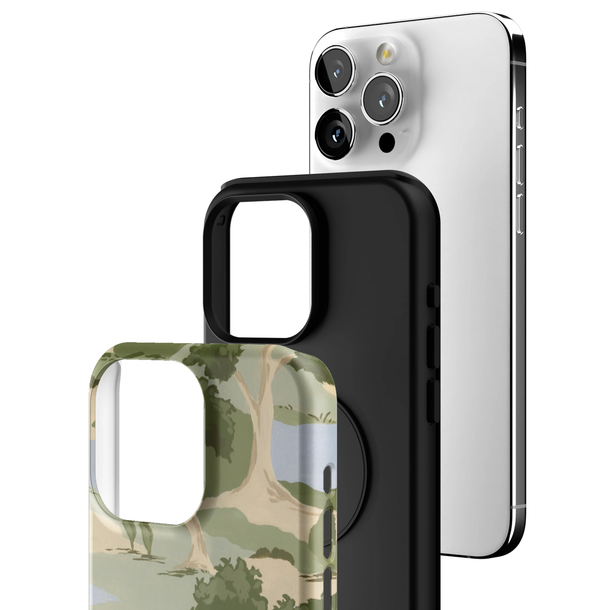 Exploded view of the Orchard iPhone 15 Pro Max case: printed shell, black inner layer with MagSafe ring, and phone