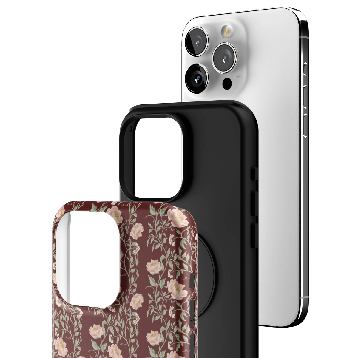 Exploded view of the Thicket iPhone 15 Pro Max case: printed shell, black inner layer with MagSafe ring, and phone