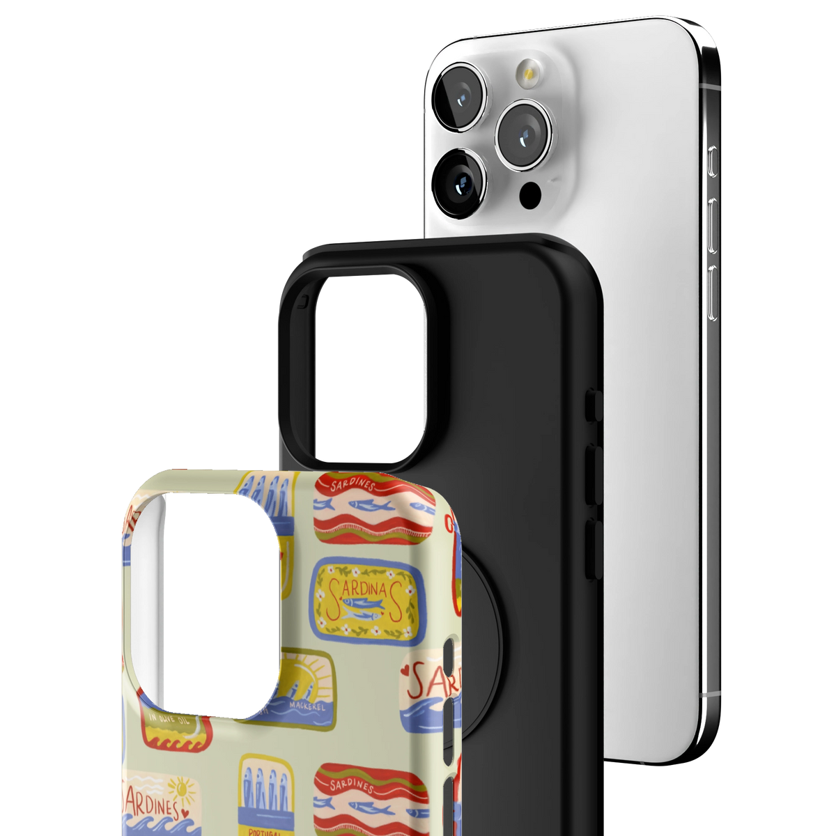 Exploded view of the Sardines iPhone 15 Pro Max case: printed shell, black inner layer with MagSafe ring, and phone
