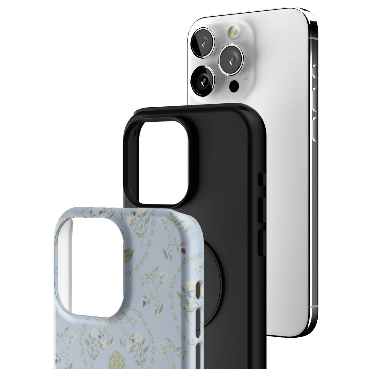 Exploded view of the Artichoke iPhone 15 Pro Max case: printed shell, black inner layer with MagSafe ring, and phone