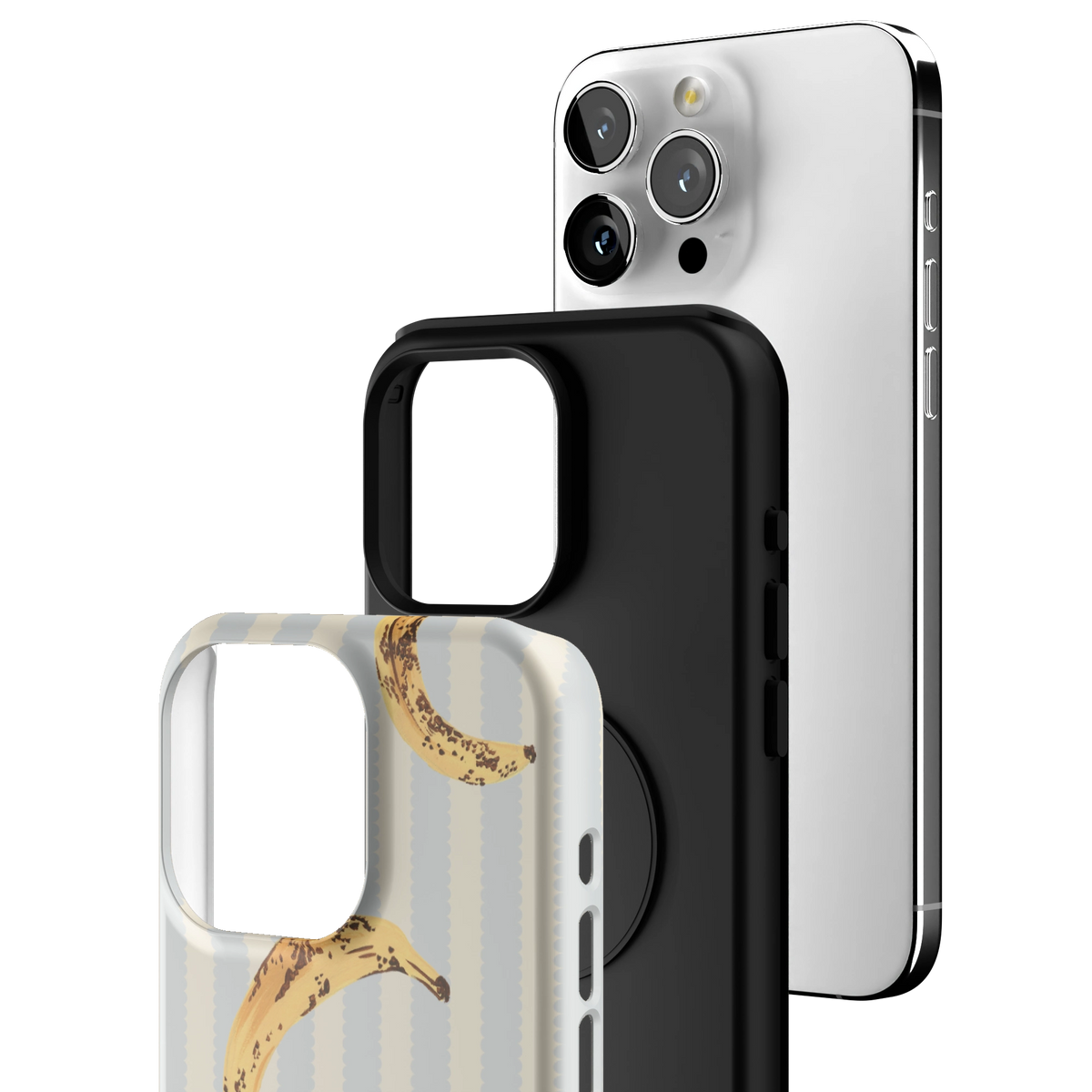Exploded view of the Striped Bananas Personalized iPhone 15 Pro Max case: printed shell, black inner layer with MagSafe ring, and phone
