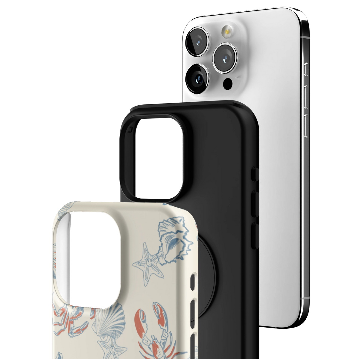 Exploded view of the Mariner Personalized iPhone 15 Pro Max case: printed shell, black inner layer with MagSafe ring, and phone