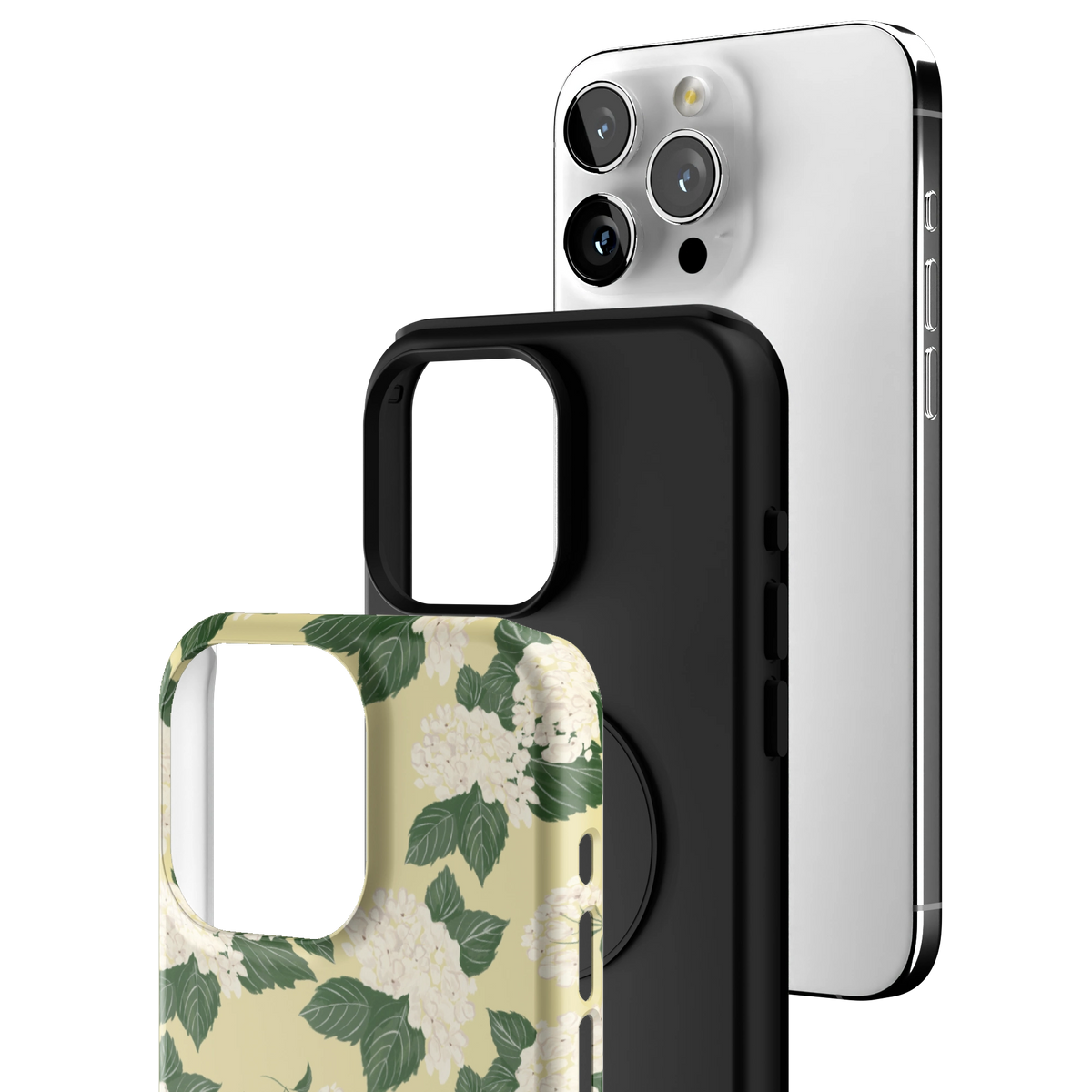 Exploded view of the Hydrangea iPhone 15 Pro Max case: printed shell, black inner layer with MagSafe ring, and phone