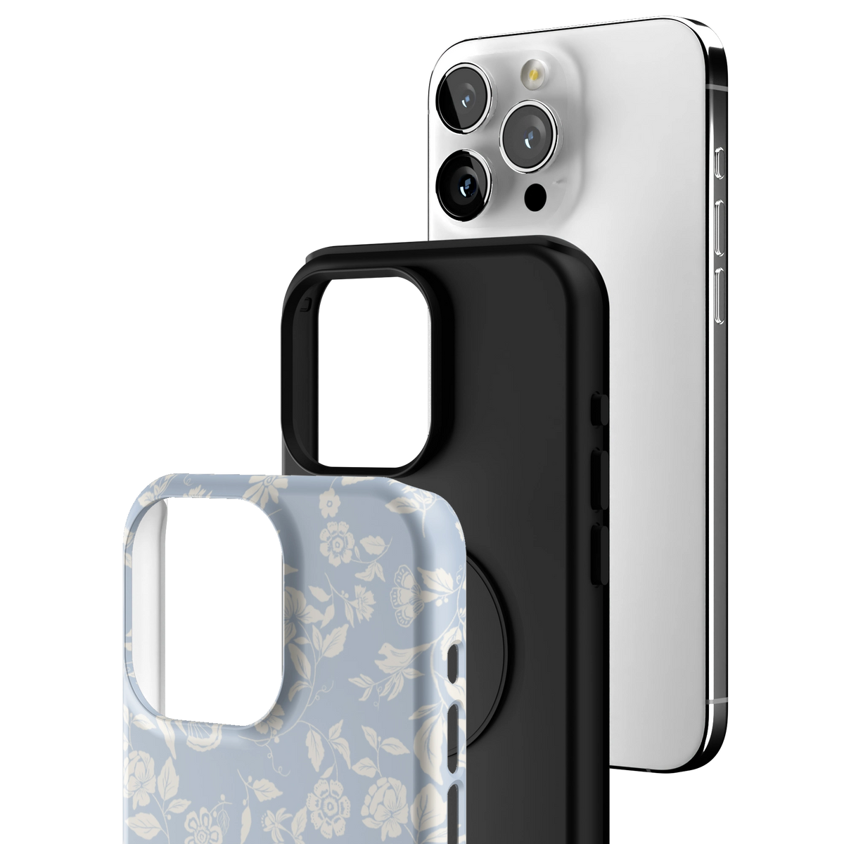 Exploded view of the Spritz iPhone 15 Pro Max case: printed shell, black inner layer with MagSafe ring, and phone